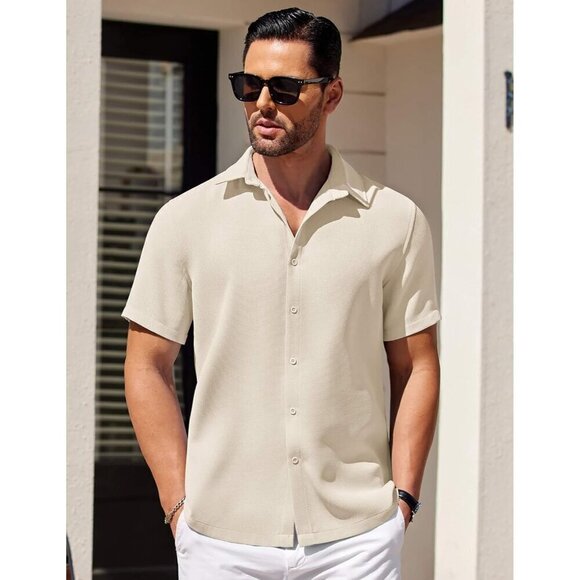 Men Beige Waffle Shirt Short Sleeve Button Down Beach Texture Wrinkle Free Shirt - Picture 2 of 6